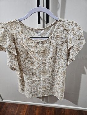 Cream & Tan Floral Print Short Sleeve Top